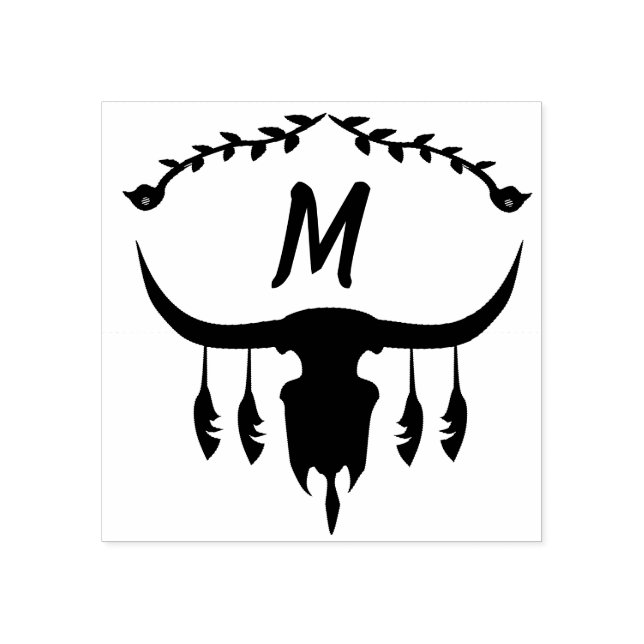 Bull Skull with Black Feathers Silhouette Rubber Stamp (Imprint)