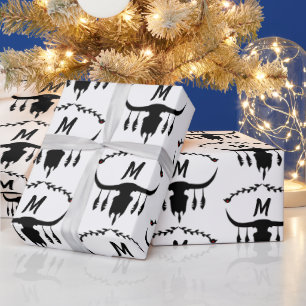 Bull Skull with Black Feathers Silhouette Wrapping Paper