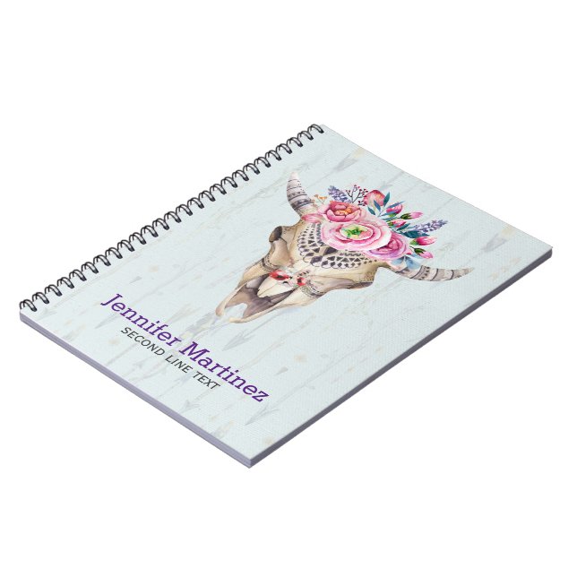 Bull Skull With Pink Flower And Horns Notebook (Left Side)