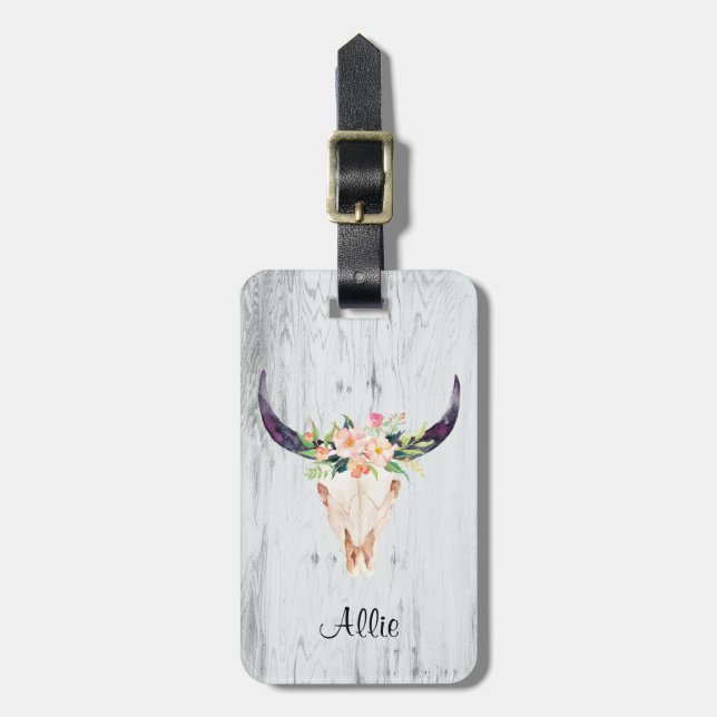 Bull Skull with Pink Flowers Luggage Tag (Front Vertical)