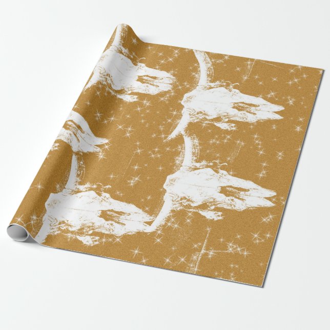 Bull Skulls Gold White Elegant Glitter Pattern Wrapping Paper (Unrolled)