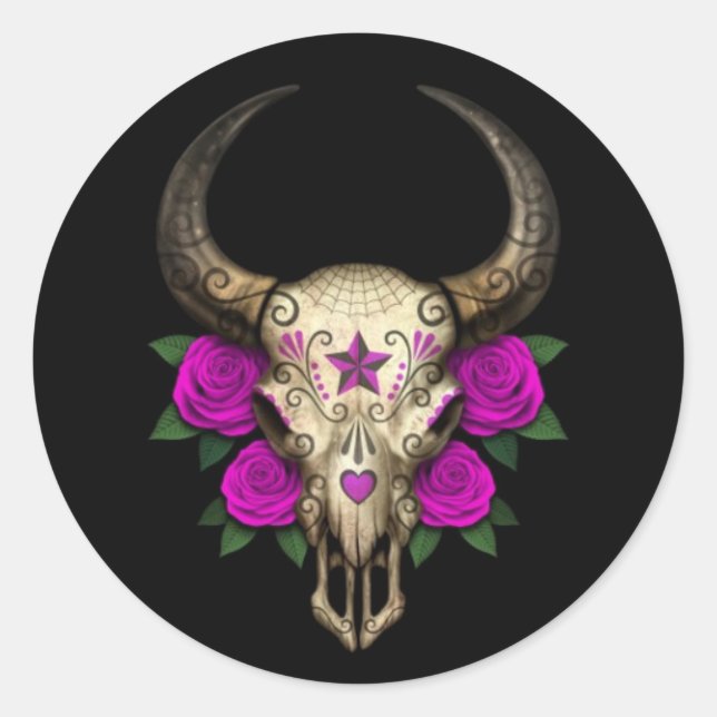 Bull Sugar Skull with Purple Roses on Black Classic Round Sticker (Front)