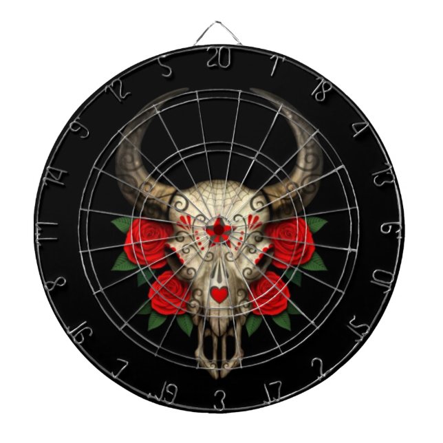 Bull Sugar Skull with Red Roses on Black Dartboard (Front)