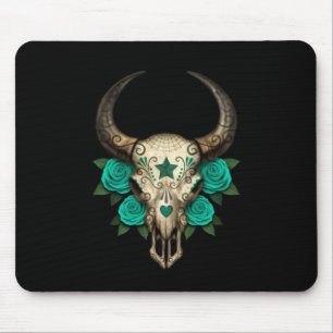 Bull Sugar Skull with Teal Roses on Black Mouse Pad