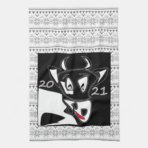 Bull symbol New Year 2021 Chinese calendar black w Kitchen Towel