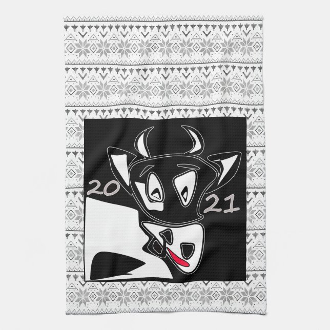 Bull symbol New Year 2021 Chinese calendar black w Kitchen Towel (Vertical)