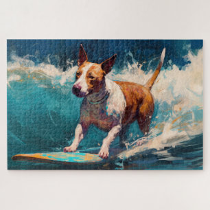 Bull Terrier Beach Surfing Painting Jigsaw Puzzle