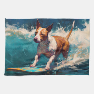 Bull Terrier Beach Surfing Painting Kitchen Towel