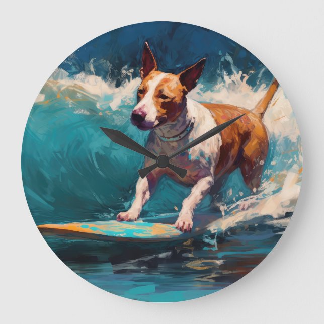 Bull Terrier Beach Surfing Painting Large Clock (Front)