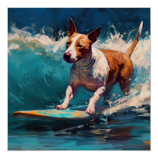 Bull Terrier Beach Surfing Painting Poster (Front)