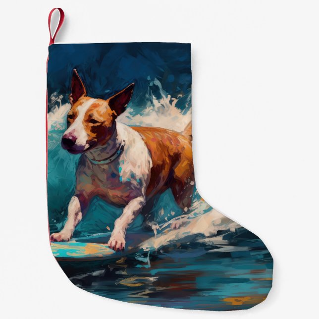 Bull Terrier Beach Surfing Painting Small Christmas Stocking (Front)