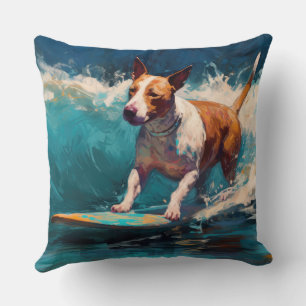 Bull Terrier Beach Surfing Painting Throw Pillow