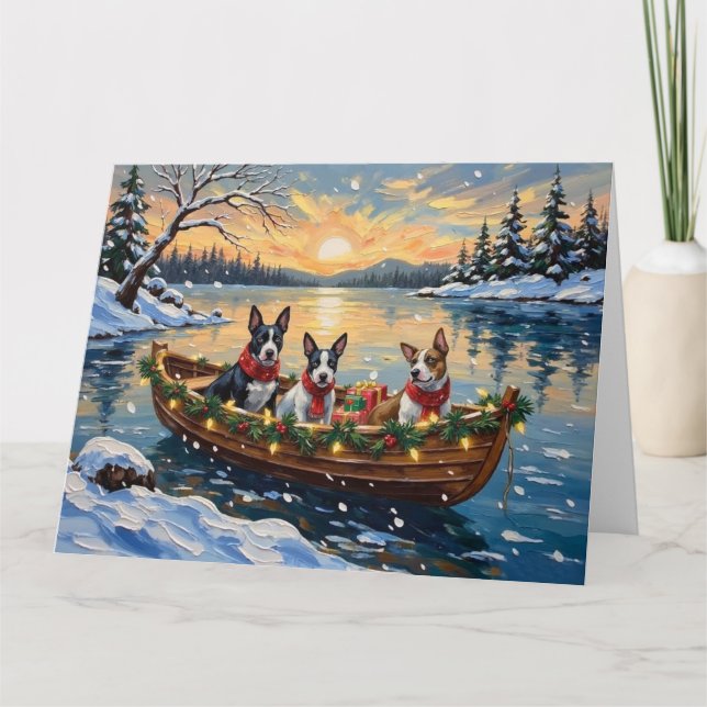 Bull Terrier Christmas Boat Holiday Card (Front)