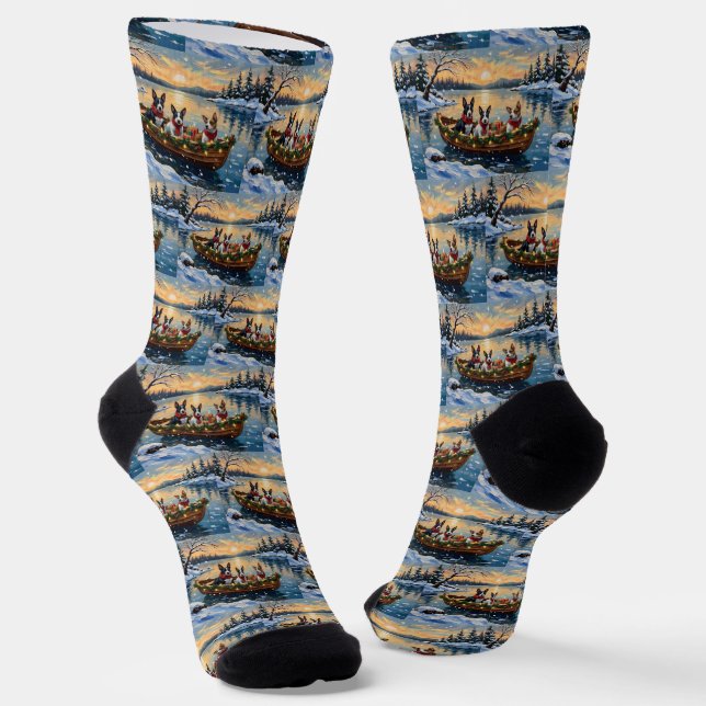 Bull Terrier Christmas Boat Holiday Socks (Angled)