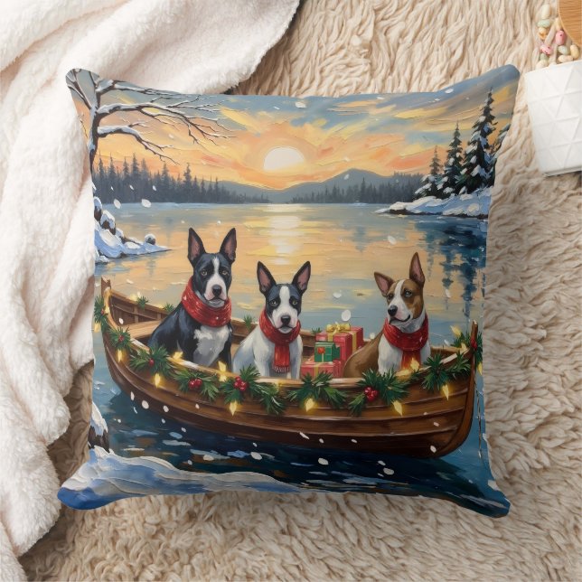 Bull Terrier Christmas Boat Holiday Throw Pillow (Blanket)
