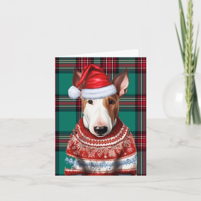 Bull Terrier Christmas Dog Green Plaid Christmas Holiday Card (Front)