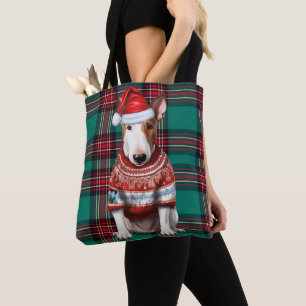 Bull Terrier Christmas Dog Green Seasonal Plaid Tote Bag