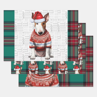 Bull Terrier Christmas Dog Red Green Plaid Wrapping Paper Sheet
