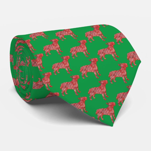Bull Terrier Christmas Dog Silhouette Green Neck Tie (Rolled)