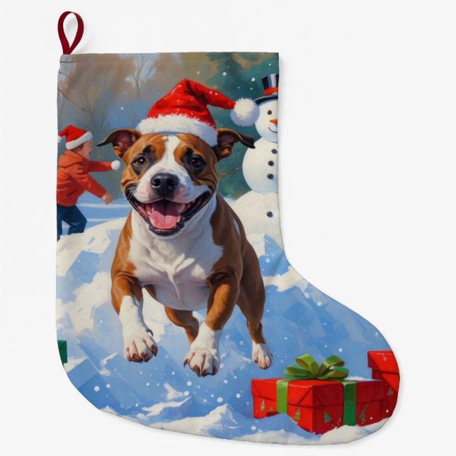 Bull Terrier Christmas Festive Snow Scene Large Christmas Stocking (Front)