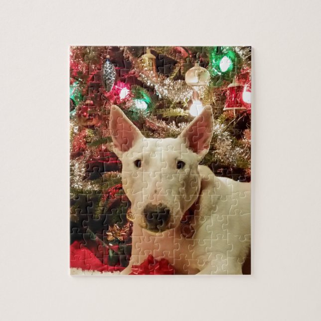 bull terrier christmas present tree jigsaw puzzle (Vertical)