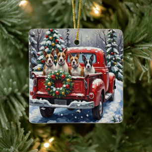Bull Terrier Christmas Red Truck Holiday Ceramic Ornament