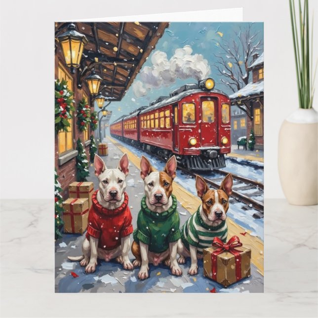 Bull Terrier Christmas Vintage Train Holiday Card (Front)
