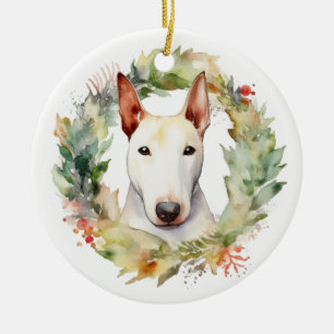 Bull Terrier Christmas Wreath Festive Pup  Ceramic Ornament