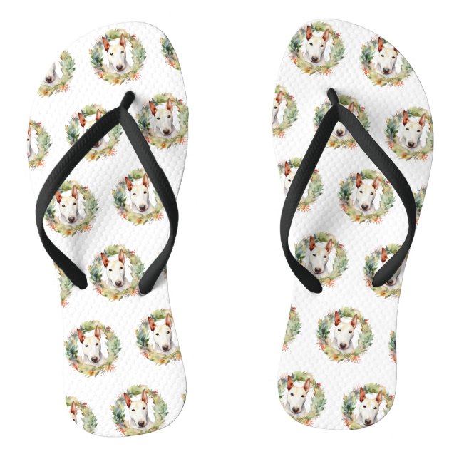 Bull Terrier Christmas Wreath Festive Pup  Flip Flops (Footbed)