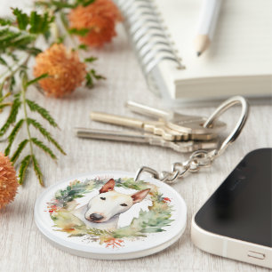 Bull Terrier Christmas Wreath Festive Pup  Keychain