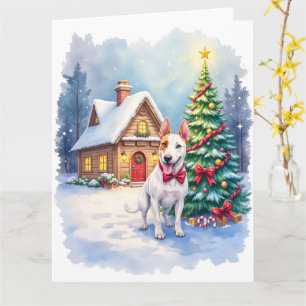 Bull Terrier Cozy Cottage Christmas Tree Art Card