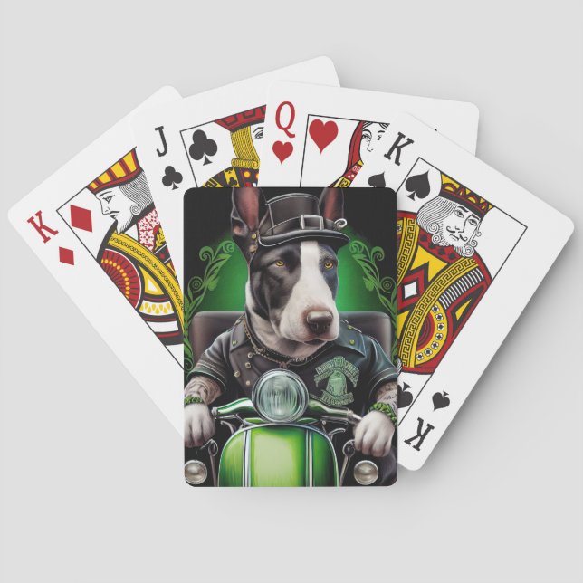 Bull Terrier Dog Driving Bike St. Patrick's Day Playing Cards (Back)