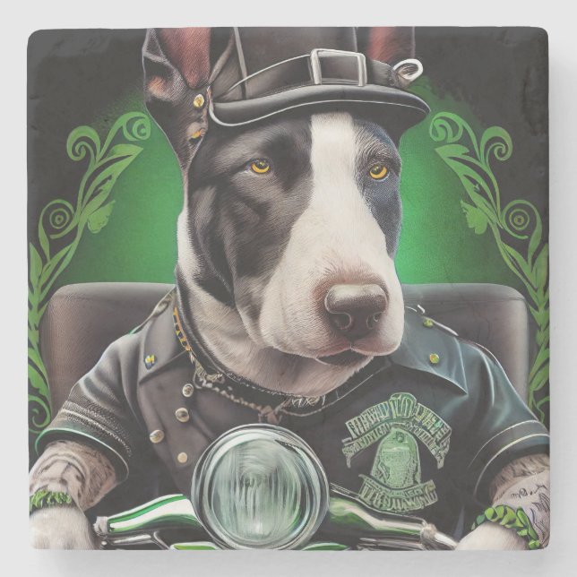 Bull Terrier Dog Driving Bike St. Patrick's Day Stone Coaster (Front)