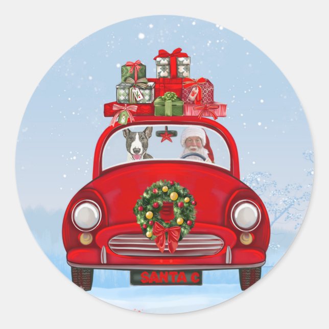Bull Terrier Dog In Car With Santa Claus  Classic Round Sticker (Front)
