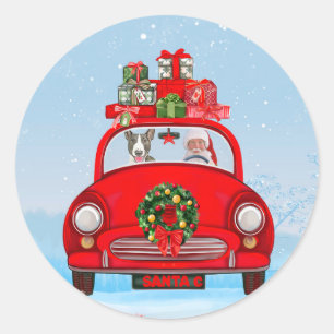 Bull Terrier Dog In Car With Santa Claus  Classic Round Sticker