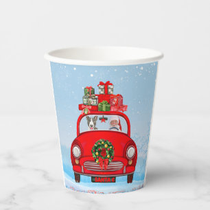 Bull Terrier Dog In Car With Santa Claus Paper Cups