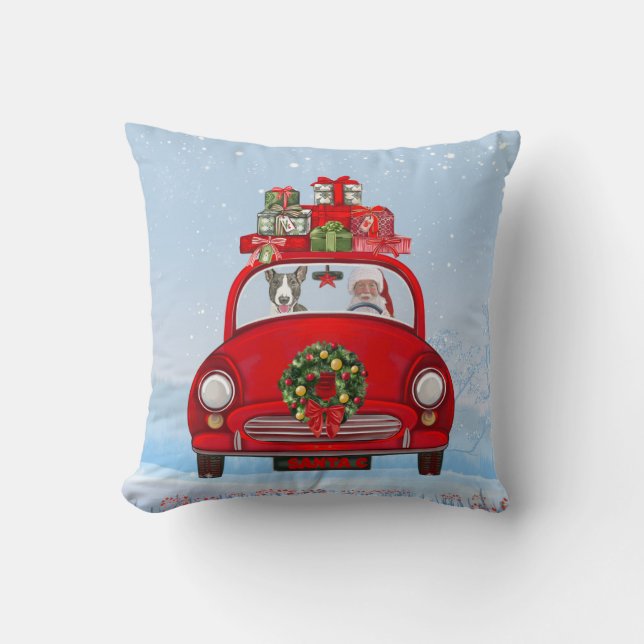 Bull Terrier Dog In Car With Santa Claus Throw Pillow (Front)