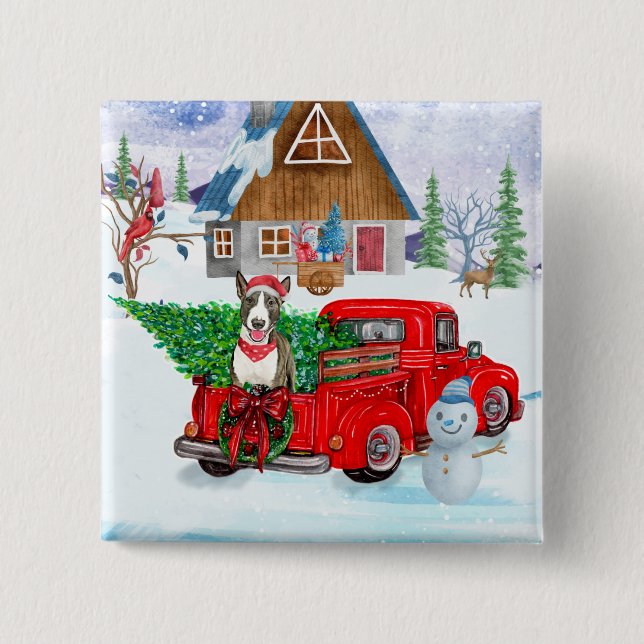Bull Terrier dog In Christmas Delivery Truck Snow 2 Inch Square Button (Front)