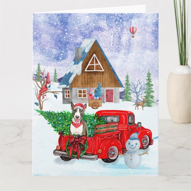 Bull Terrier dog In Christmas Delivery Truck Snow  Card (Front)
