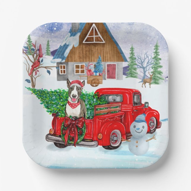 Bull Terrier dog In Christmas Delivery Truck Snow Paper Plate (Front)