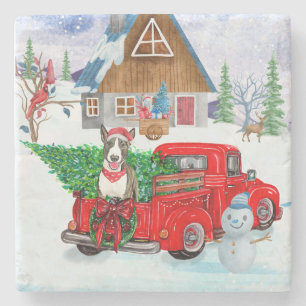 Bull Terrier dog In Christmas Delivery Truck Snow  Stone Coaster