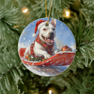 Bull Terrier Dog in Sledge Let it Snow Christmas Ceramic Ornament