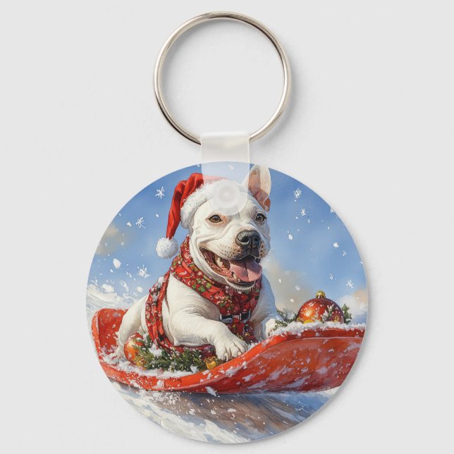 Bull Terrier Dog in Sledge Let it Snow Christmas Keychain (Front)
