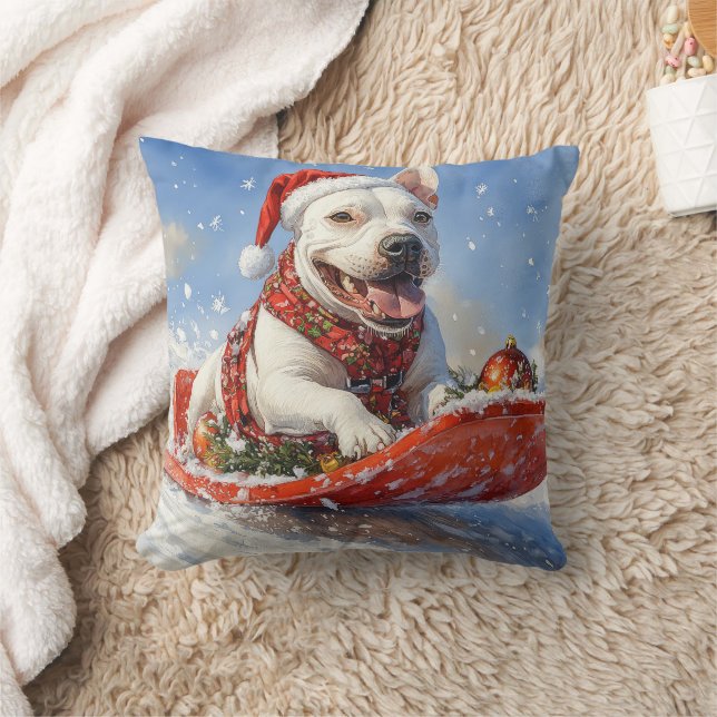 Bull Terrier Dog in Sledge Let it Snow Christmas Throw Pillow (Blanket)