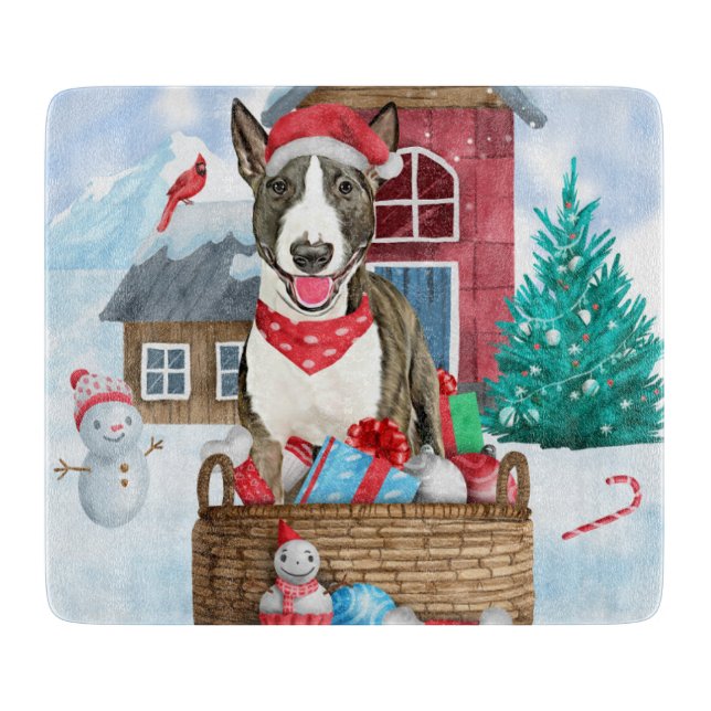 Bull Terrier Dog In snow Christmas Dog House Cutting Board (Front)