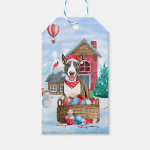 Bull Terrier Dog In snow Christmas Dog House Gift Tags