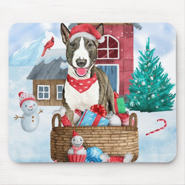 Bull Terrier Dog In snow Christmas Dog House Mouse Pad (Front)