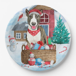 Bull Terrier Dog In snow Christmas Dog House Paper Plate
