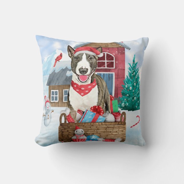 Bull Terrier Dog In snow Christmas Dog House Throw Pillow (Front)