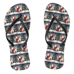 Bull Terrier Dog in Snow Christmas Flip Flops